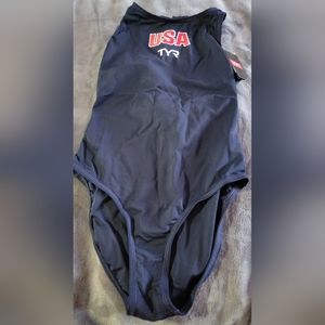 TYR USA Water Polo Womens Breakaway Suit Zipper One Piece Swimsuit Navy 38